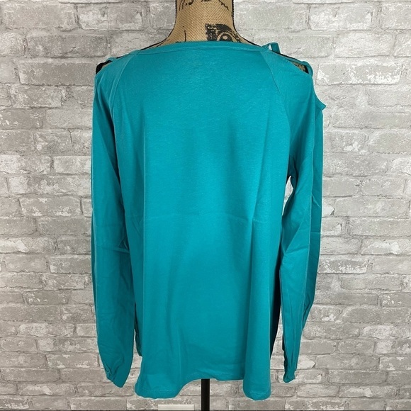 Roaman’s Teal Lattice Cold Shoulder Log Sleeve Tee - Picture 4 of 5